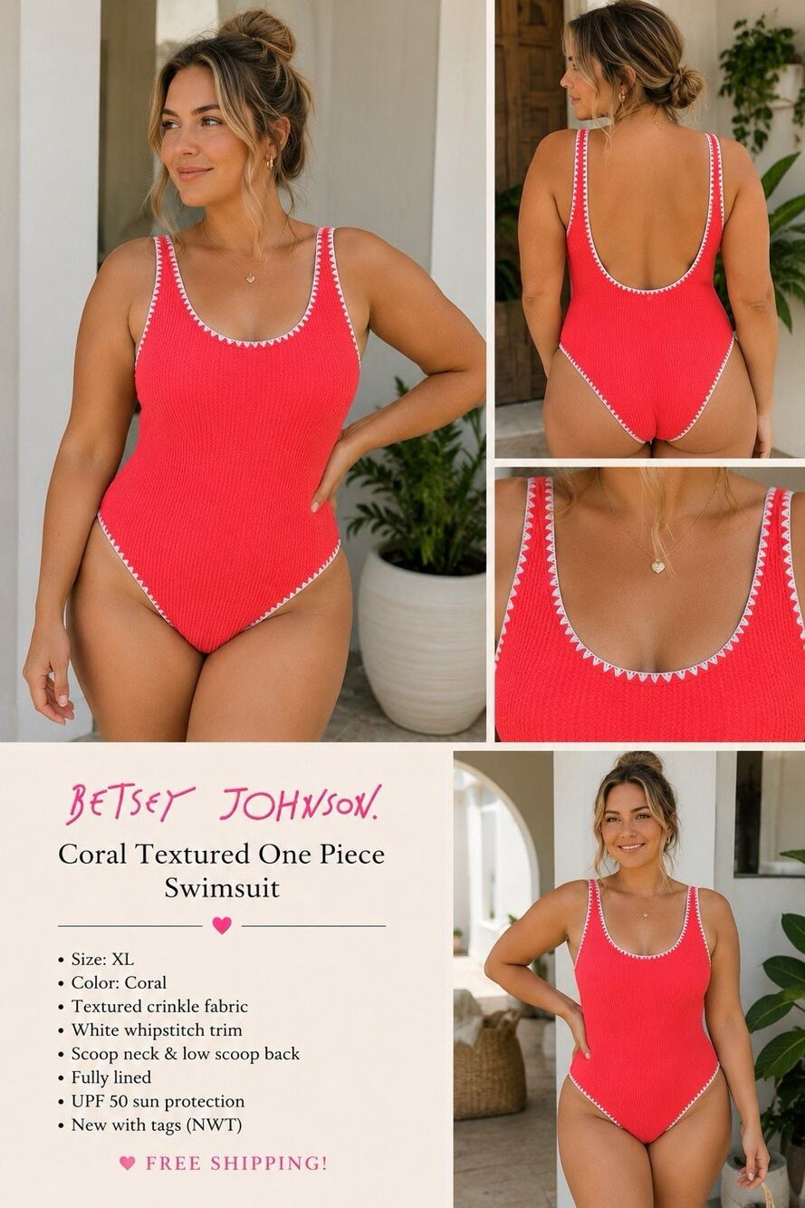 NWT Betsey Johnson Coral Textured One Piece Swimsuit XL UPF 50